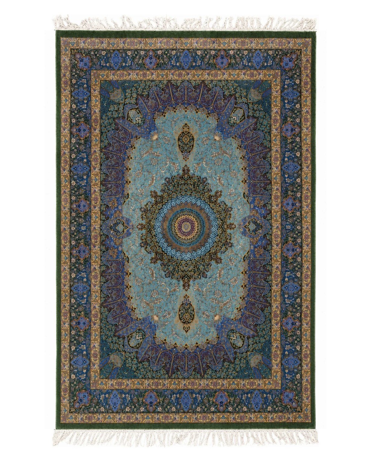 The same rug after a deep restoration wash, showing a navy field and terracotta border