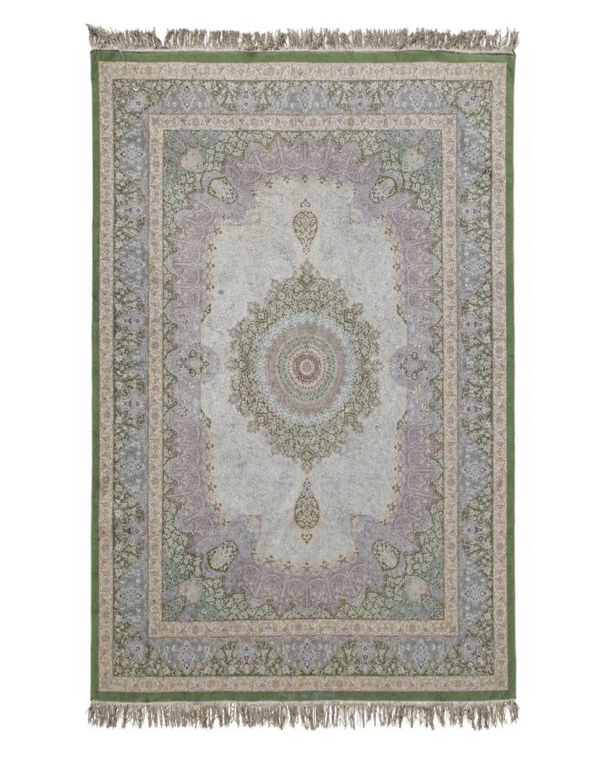 Silk Persian rug before restoration, heavily soiled with its design barely visible